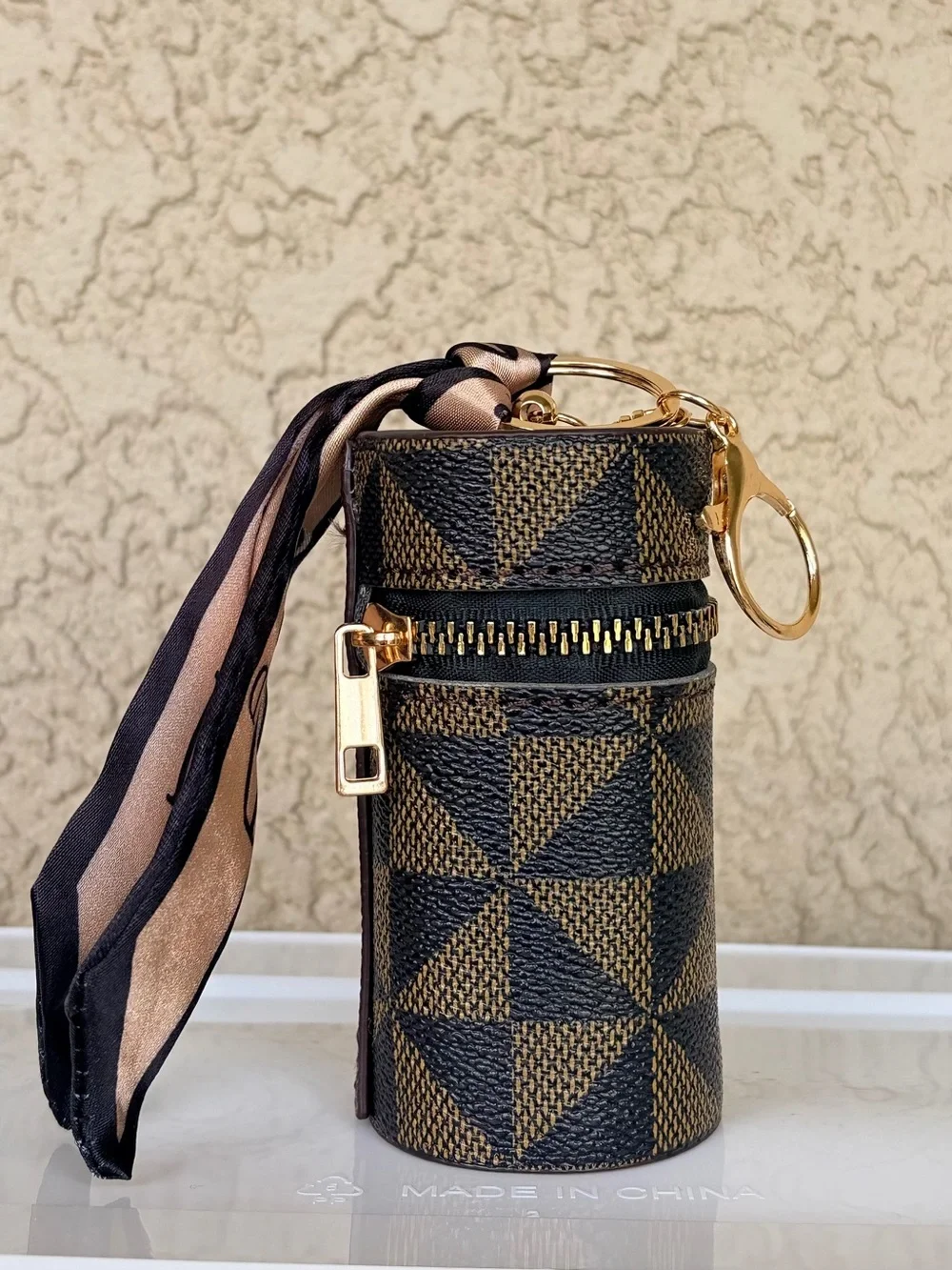 Brown Geometric Cylinder Keychain Pouch with Scarf Accent